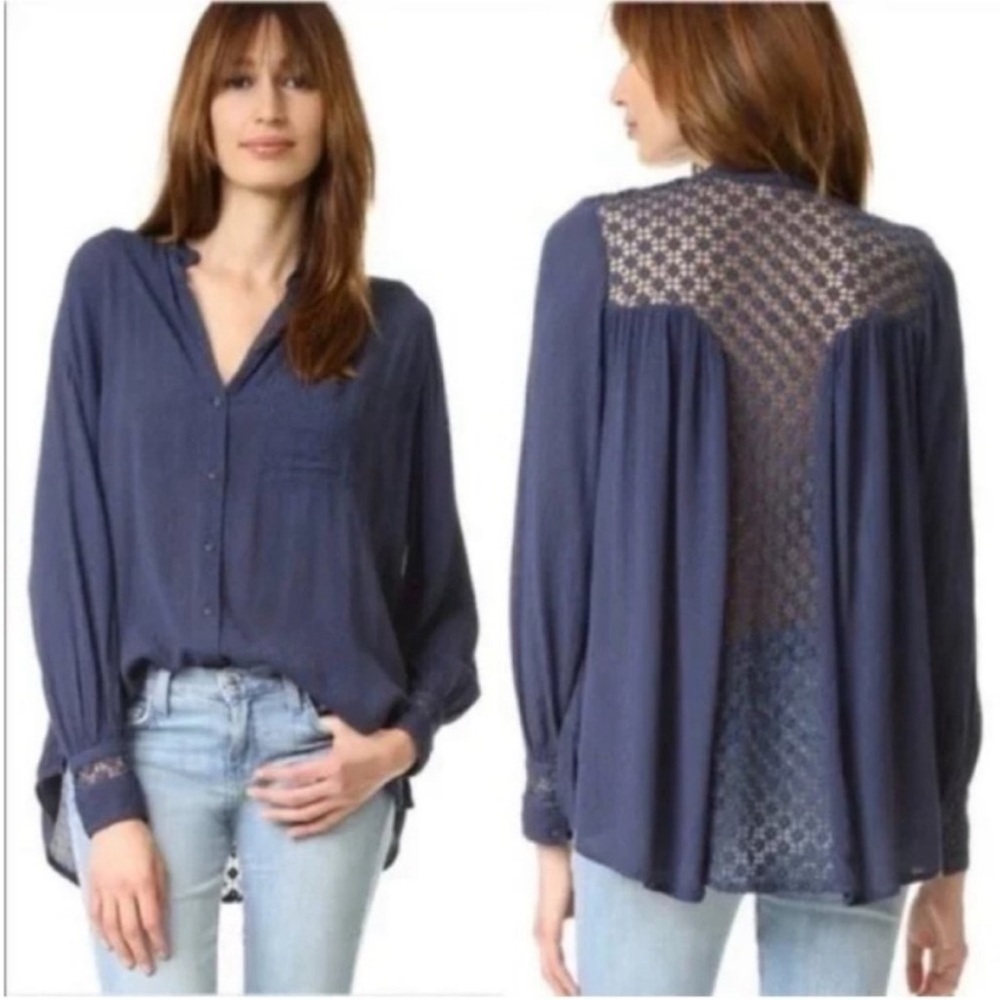 Free People The Best Shirt Navy Blue Button Front Crochet Cut Out Blouse Size XS